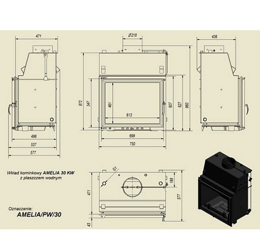 Каминная топка Amelia/PW/30 с водяным контуром_1